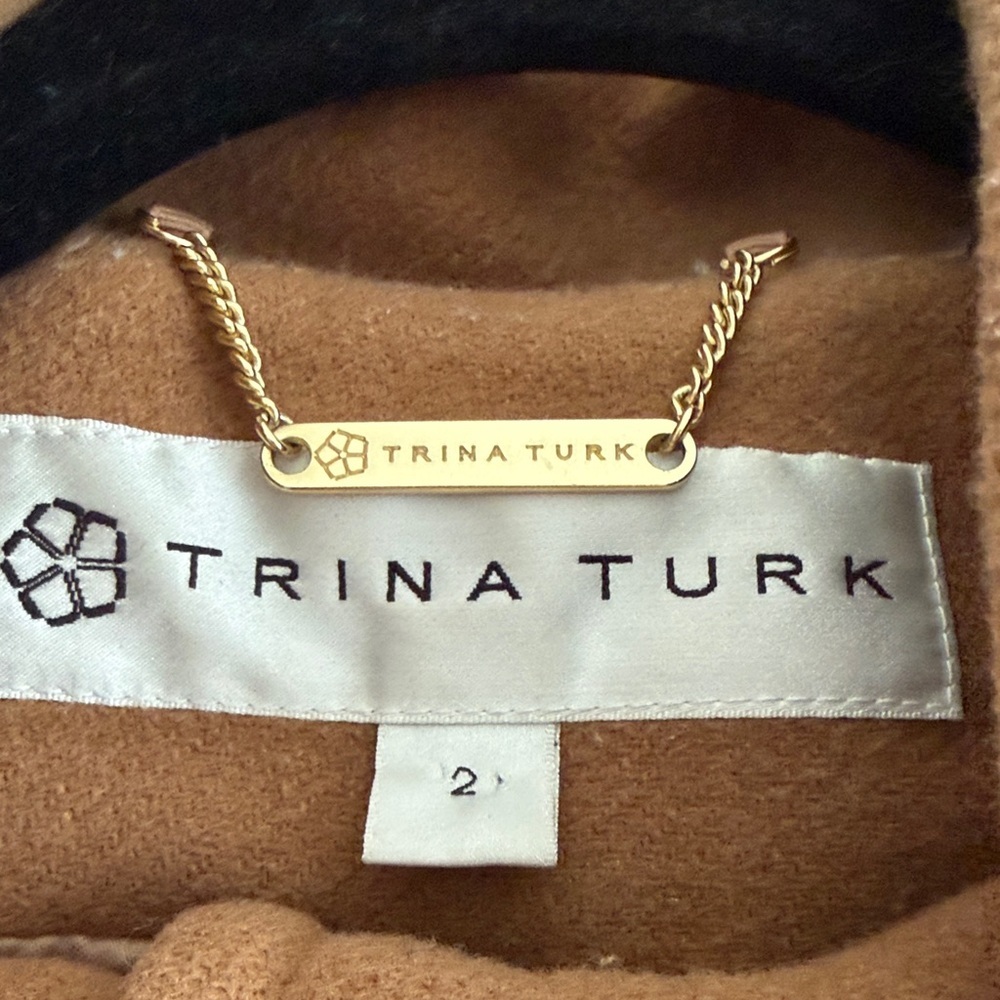 Trina Turk Tan Wool Coat with Coyote Fur Hood - Picture 2 of 16